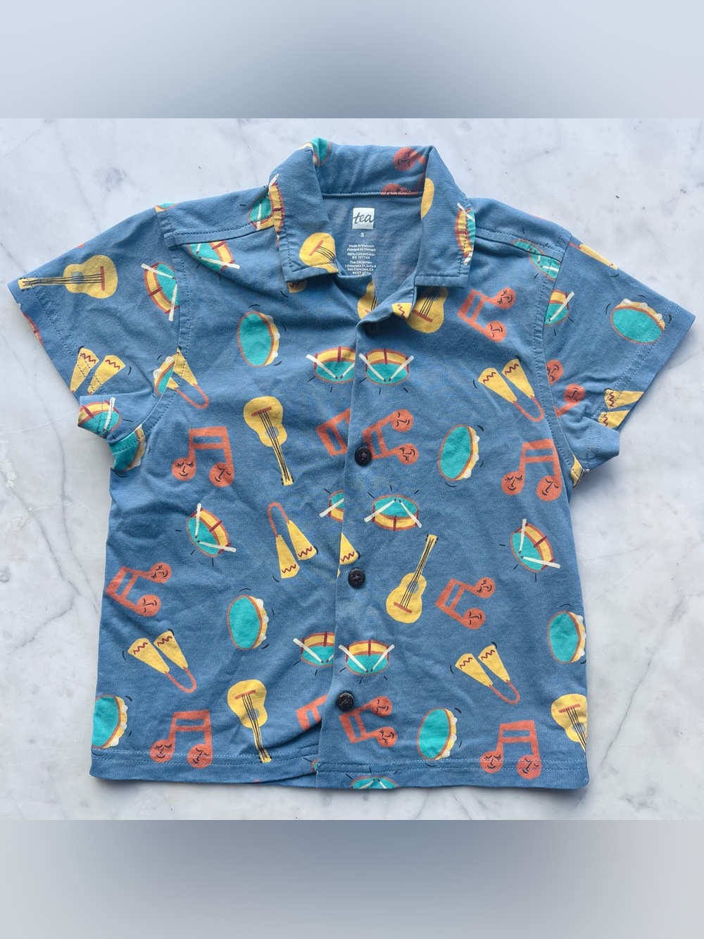 Tea Collection Blue Camp Collar Shirt Brazilian Bateria Instruments Size 3